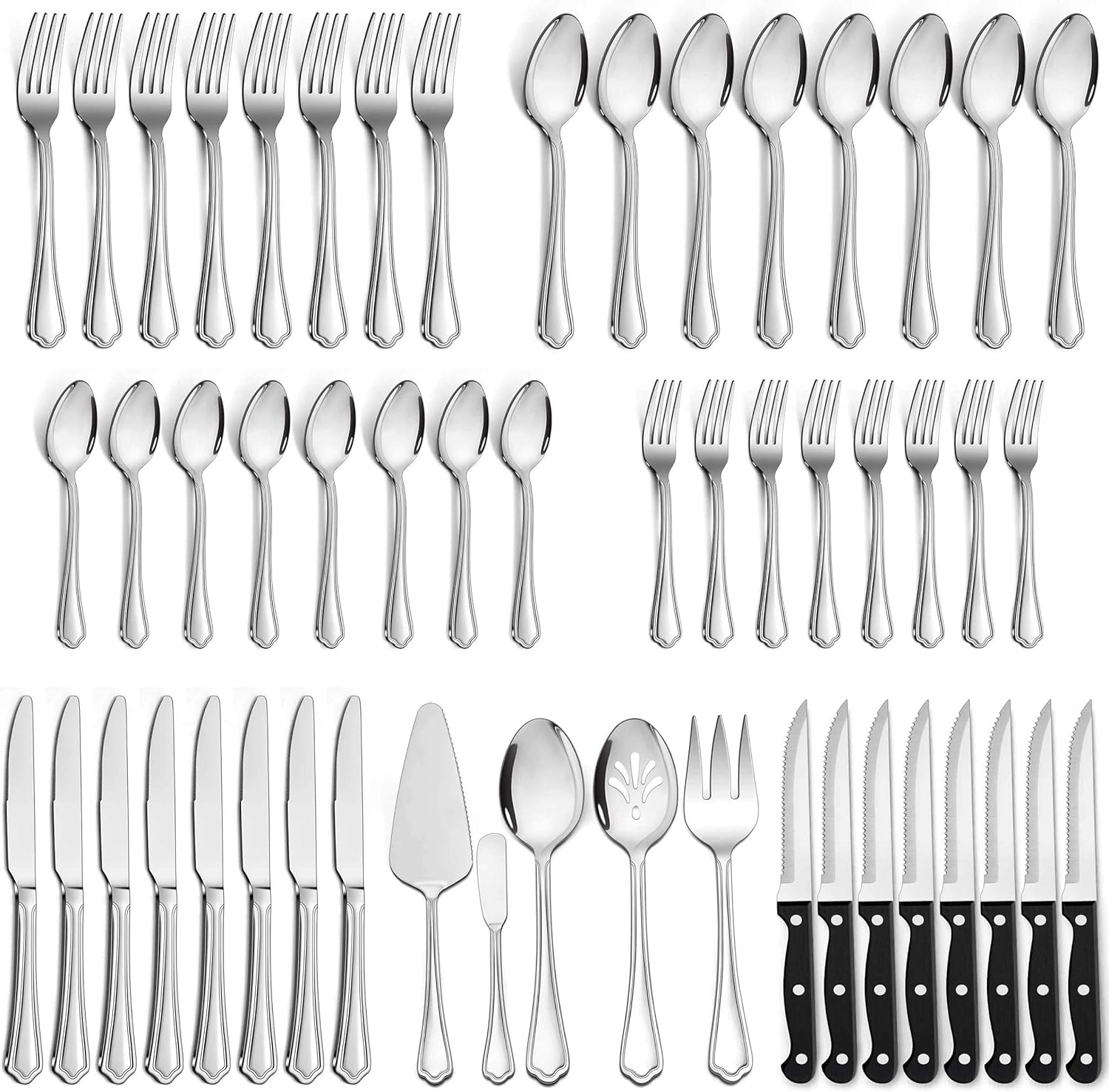 LIANYU 65-Piece Silverware Flatware Set for 10, Plus Steak Knives and Serving Utensils, Stainless Steel Flatware Cutlery Set, Eating Utensils Tableware with Scalloped Edge, Dishwasher Safe