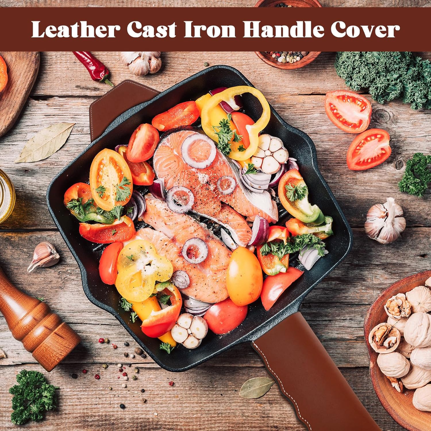 Baderke 4 Pcs Leather Cast Iron Handle Cover Handmade Leather Heat Resistant Skillet Handle Set Pot Holder for Hot Frying Pans, Pots(Dark Brown)