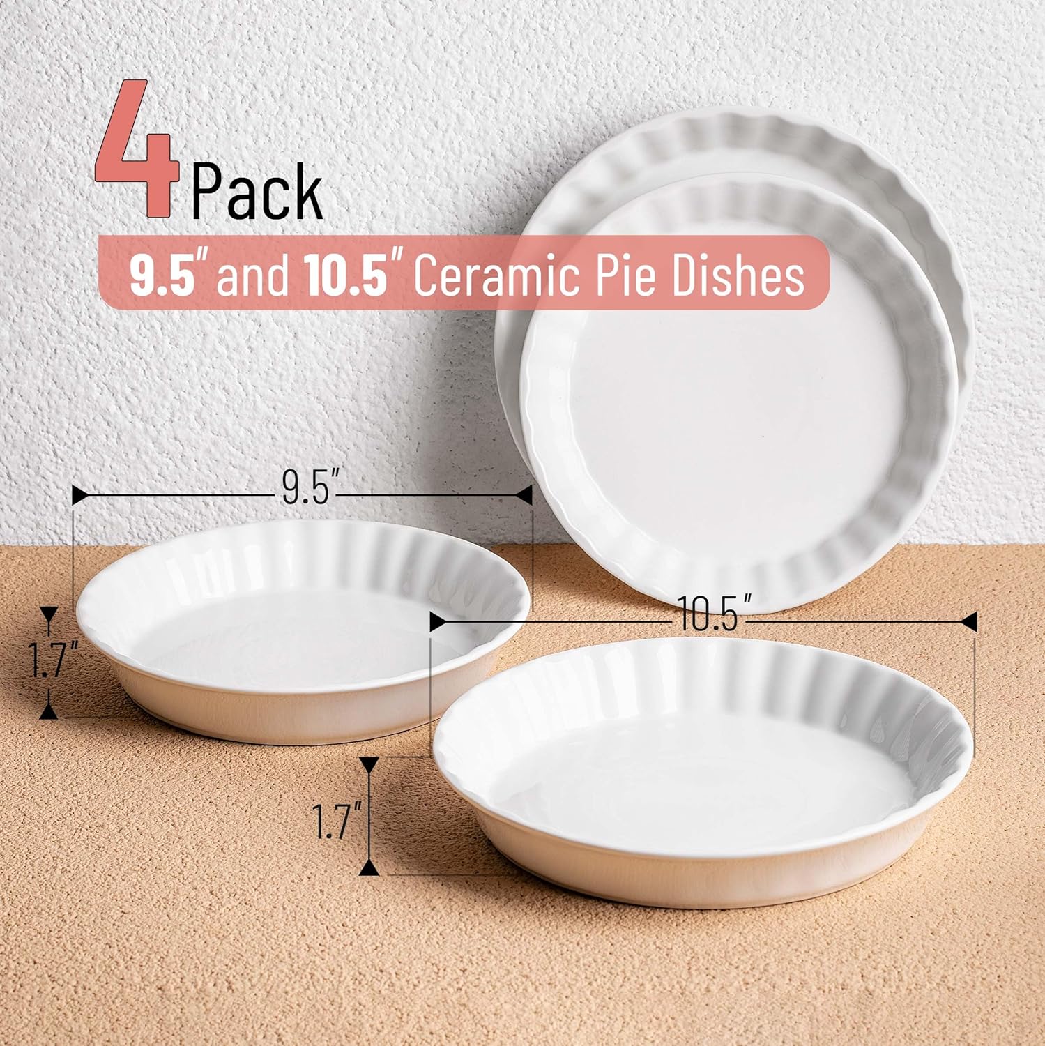 BTAT- Ceramic Pie Dish, 4 Pcs, 10.5" and 9.5", White Pie Pans for Baking, Deep Dish Pie Plate, Deep Dish Pie Pan, Deep Pie Dish for Baking, Pie Plates for Baking, Deep Pie Dish, Pie Baking Dish