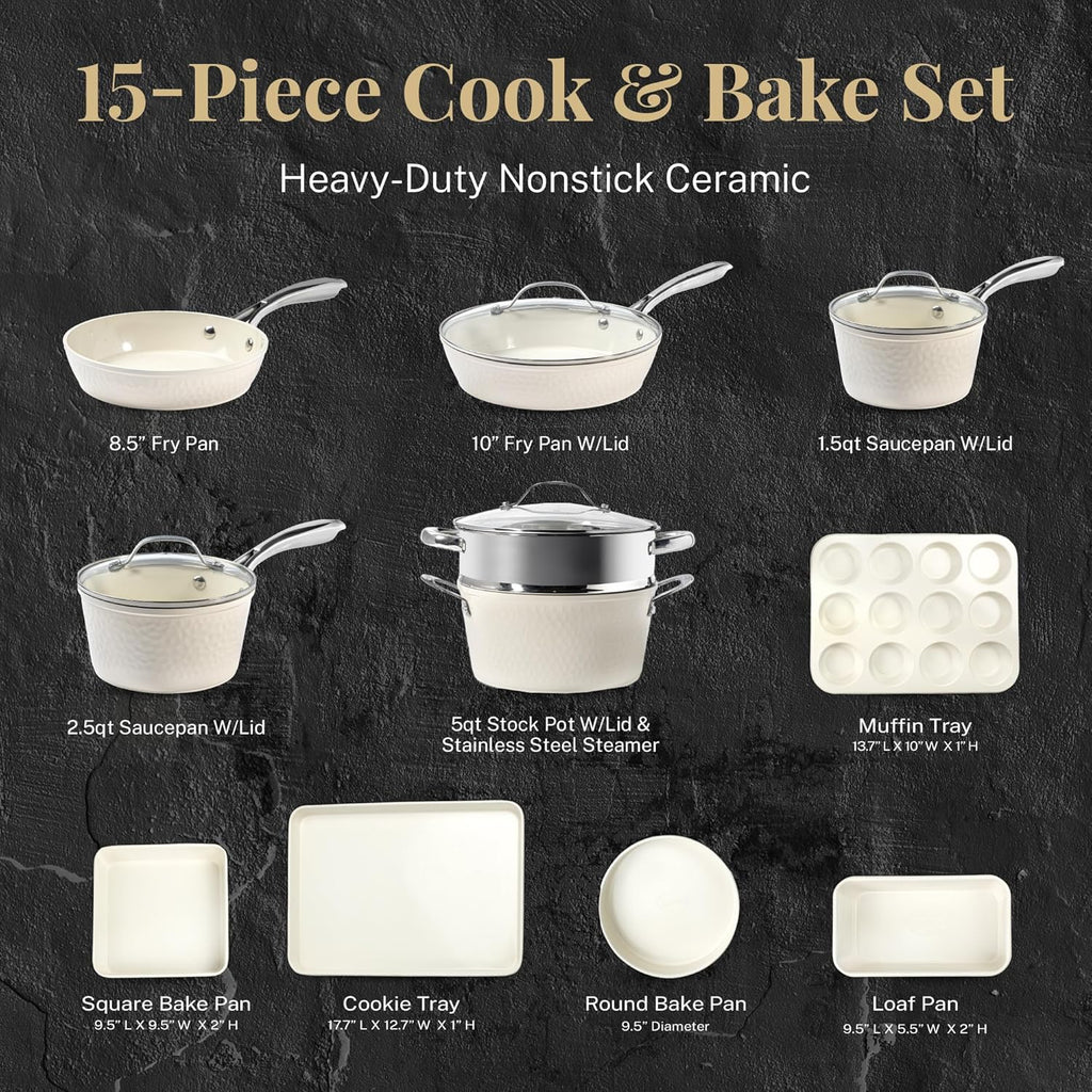 Gotham Steel Hammered 15Pcs Ceramic Cookware Set Nonstick, Induction Pots and Pans Set Non Stick with Bakeware Set & Steamer for Cooking, Non Toxic PFOA PFOS Free, Oven & Dishwasher Safe, Cream White