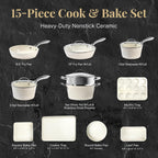 Gotham Steel Hammered 15Pcs Ceramic Cookware Set Nonstick, Induction Pots and Pans Set Non Stick with Bakeware Set & Steamer for Cooking, Non Toxic PFOA PFOS Free, Oven & Dishwasher Safe, Cream White
