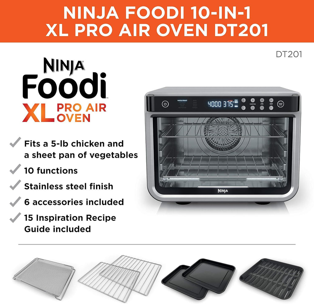 NINJA DT201 Foodi 10-in-1 XL Pro Air Fry Digital Countertop Convection Toaster Oven with Dehydrate and Reheat, 1800 Watts, Stainless Steel Finish (Renewed)