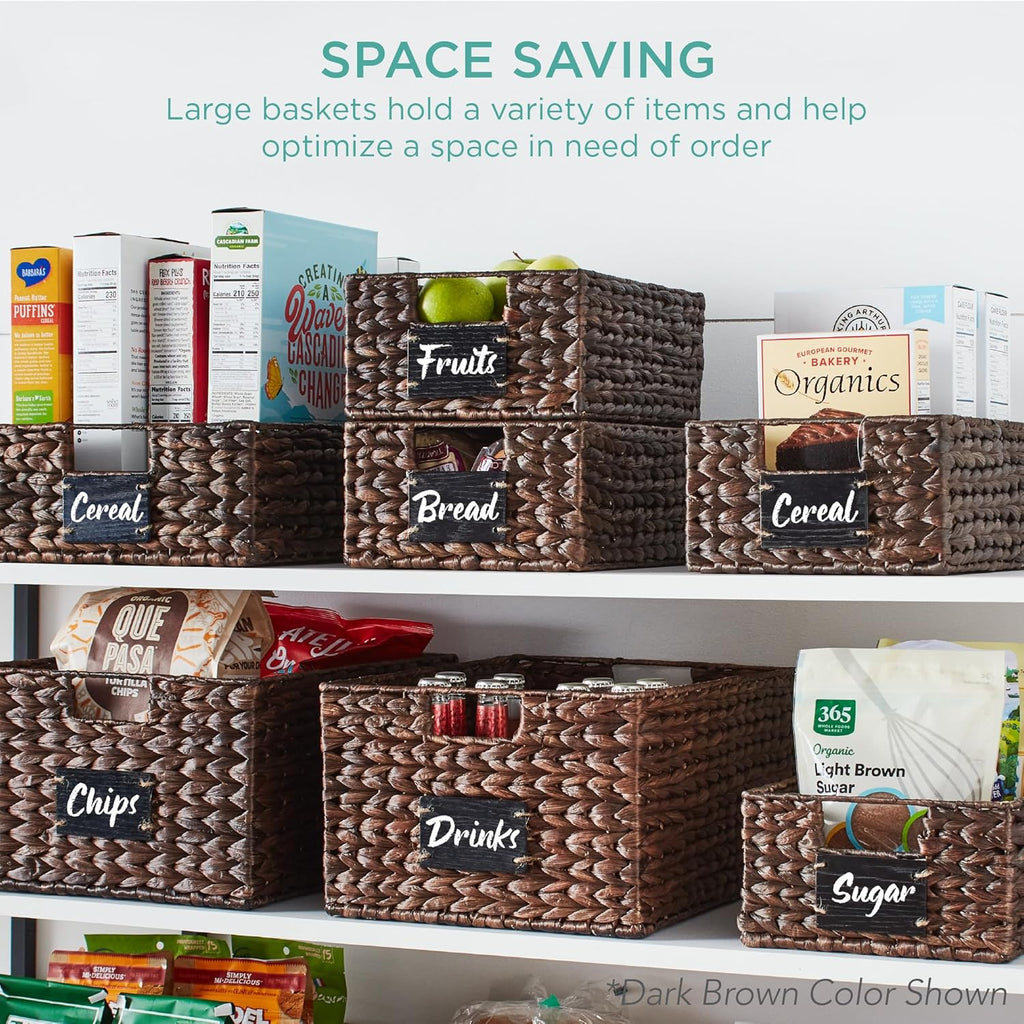 Best Choice Products Set of 4 13x12in Water Hyacinth Pantry Baskets, Woven Organizers w/Chalkboard Label, Chalk Marker - Gray