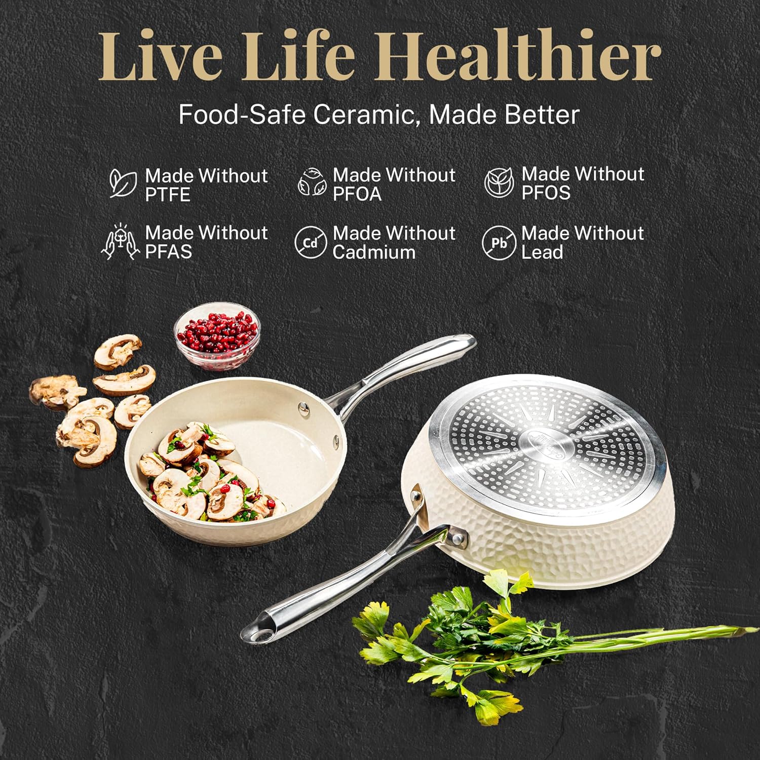 Gotham Steel Hammered 15Pcs Ceramic Cookware Set Nonstick, Induction Pots and Pans Set Non Stick with Bakeware Set & Steamer for Cooking, Non Toxic PFOA PFOS Free, Oven & Dishwasher Safe, Cream White