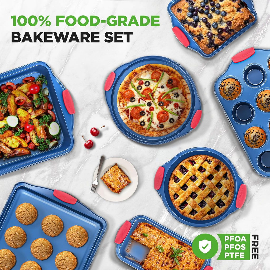 NutriChef 8-Piece Nonstick Baking Pan Set - Premium Carbon Steel Bakeware w/ Silicone Handles - Includes Pizza Tray, Loaf Pan, 12-Cup Muffin Pan, Round/Square Pans, & Cookie Sheet - Blue