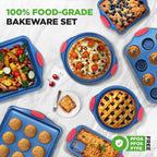 NutriChef 8-Piece Nonstick Baking Pan Set - Premium Carbon Steel Bakeware w/ Silicone Handles - Includes Pizza Tray, Loaf Pan, 12-Cup Muffin Pan, Round/Square Pans, & Cookie Sheet - Blue