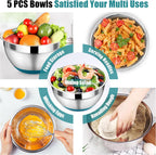 P&P CHEF Mixing Bowl with Lid Set, 5 Piece Stainless Steel Mixing Nesting Bowls for Salad Storage, 3 Grater Attachments & Non-Slip Bottoms, Size 1/1.5/2 / 2.6/4.6 QT, Blue