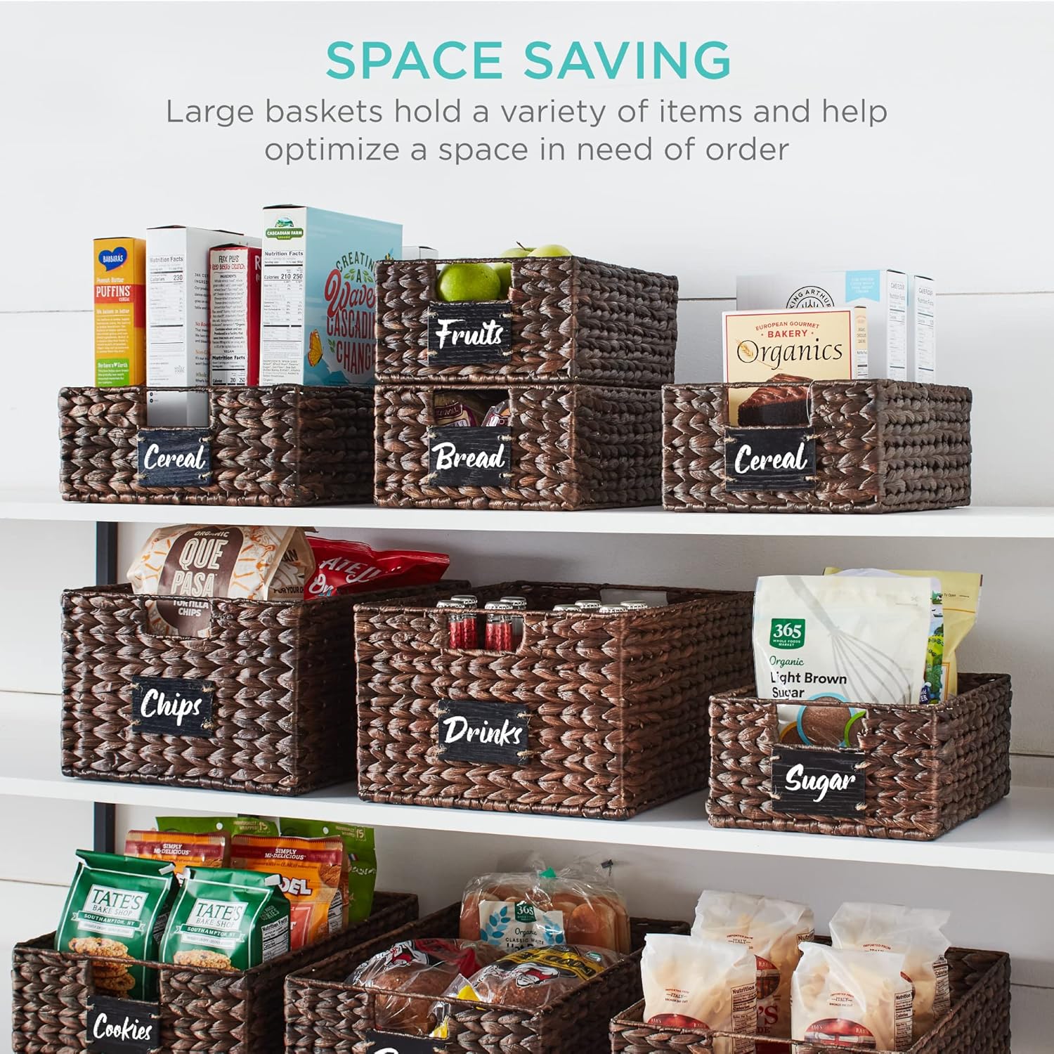 Best Choice Products Set of 4 16x12in Large Water Hyacinth Pantry Baskets, Woven Organizers w/Chalkboard Label, Chalk Marker - Brown