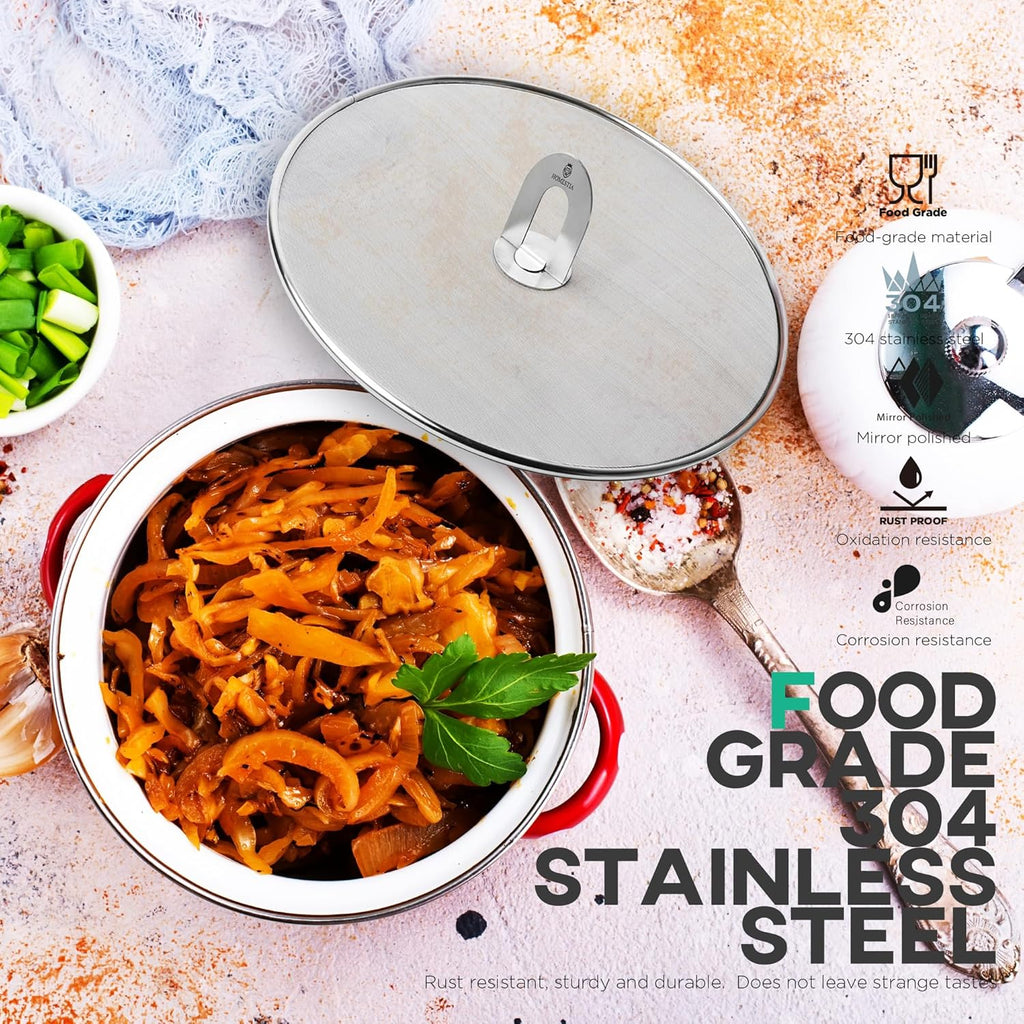 Homestia Splatter Screen for Kitchen, 304 Stainless Steel Fine Mesh Splatter Screen for Frying Pan, 13” Grease Splatter Guard with Fold Flat Knob