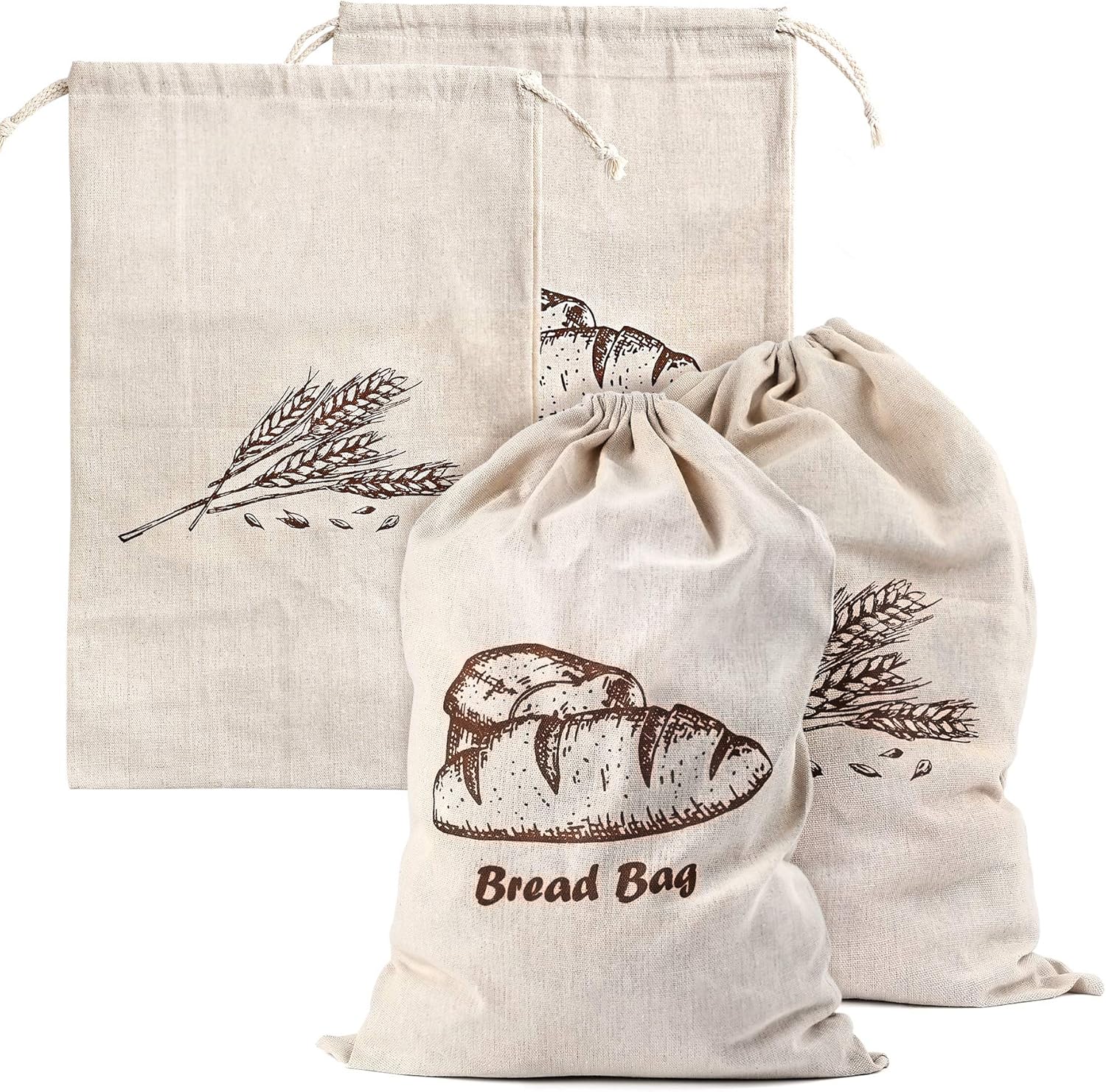 Augshy Linen Bread Bags for Homemade Bread Container, 4 Pcs 17.5 X11.5 Inches Unbleached & Reusable Bread Storage, Natural Large Storage for Artisan Bread
