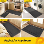JSEI Non-Slip Kitchen Mats, Self Adhesive No Sliding Kitchen Rugs Set of 2, Washable Absorbent Floor Mat for Kitchen, Bathroom, Laundry Room, Bedroom, 20”x32”+20”x48”, Dark Grey, Rectangular Pattern