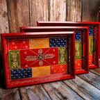 Swadeshi Blessings Handcrafted & Hand-Painted Embossed Wooden Serving Trays Set of 3- for Kitchen/Table & Home Decor/Dinning/Gifts/Restaurants/Living Room/Coffee Table (AntiqueRed)