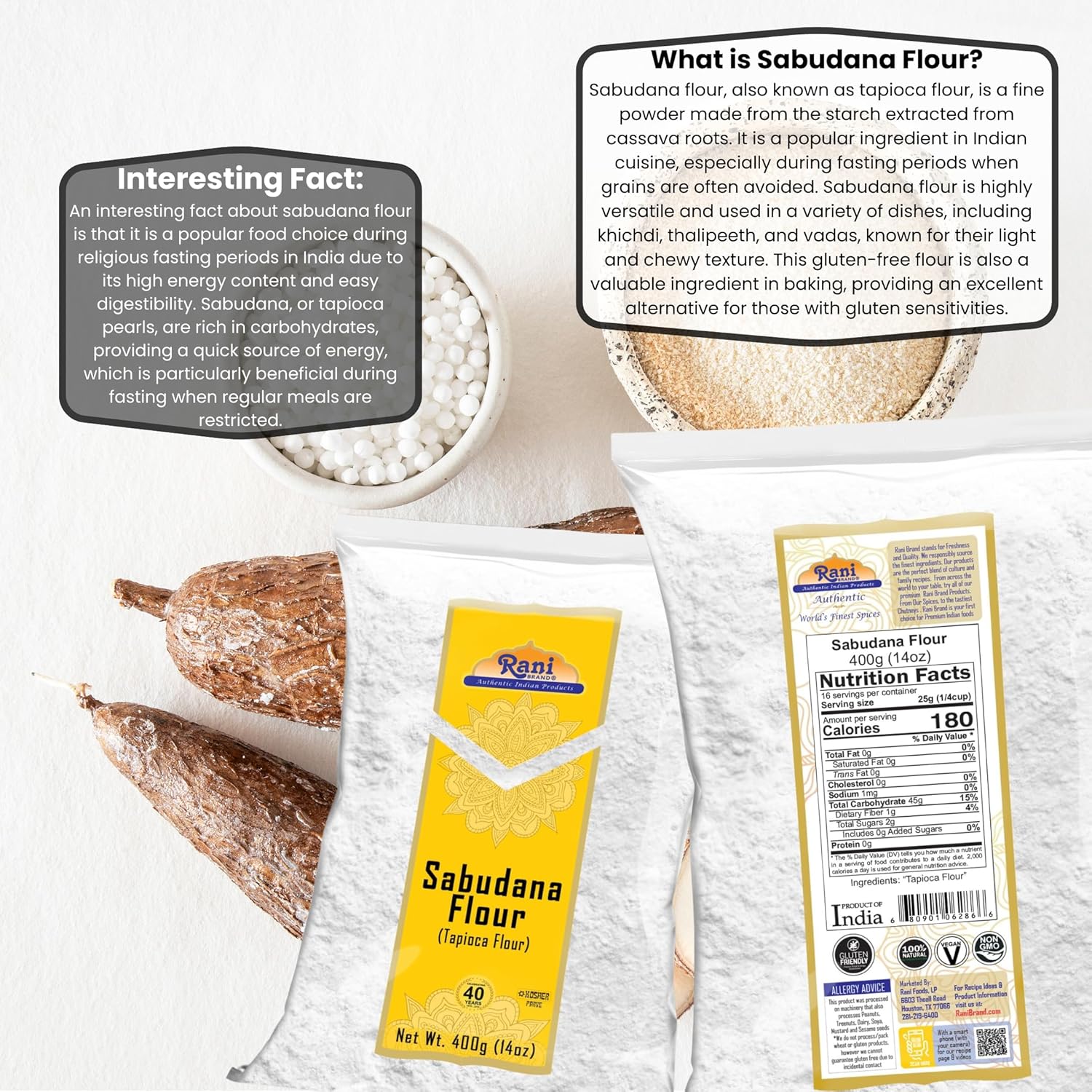 Rani Sabudana Flour (Tapioca/Sago Flour) 14oz (400g) ~ All Natural | Vegan | Gluten Friendly | NON-GMO | Kosher | Indian Origin
