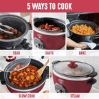 GreenLife 6QT Slow Cooker, Non-Toxic PFAS-Free Ceramic Nonstick Removable Interior Bowl, Programmable, Family Friendly, Keep Warm, Stovetop & Oven Safe, Dishwasher Safe Parts, Timer, Glass Lid, Red