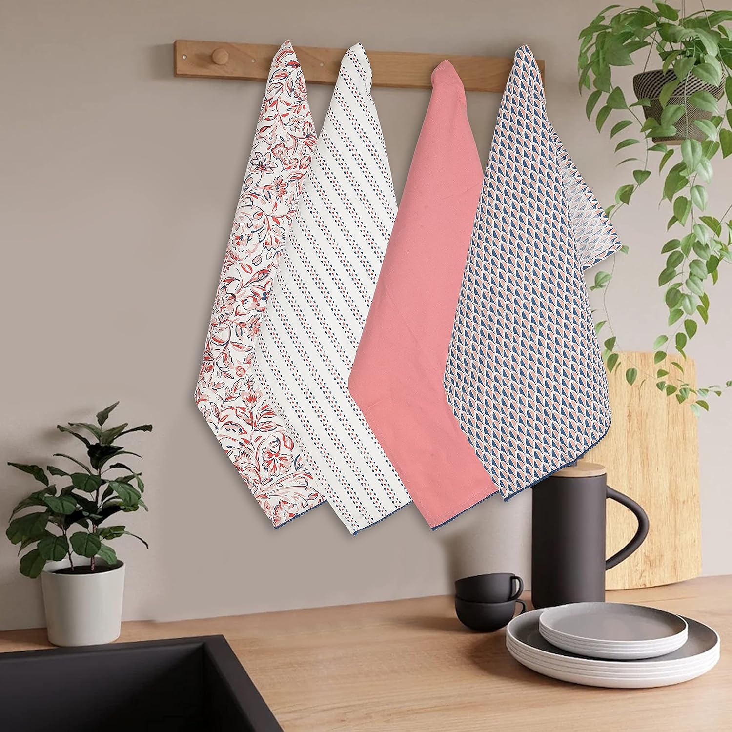 Printed Kitchen Dish Bar and Tea Towels Cotton, 18x28 inch with Trims, Cotton Dish Towel Sets (White & Peach, Set of 4)