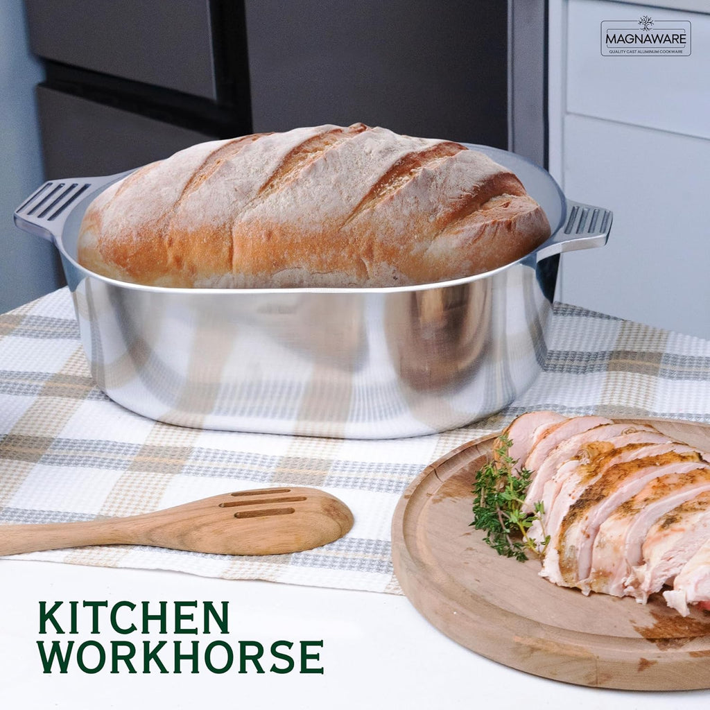 Cast Aluminum Oval Dutch Oven with Lid — 8 QT Heavy Duty Roaster Pan with Rack & Silicone Cover Dual Handles — Cajun Cookware for Roasting, Baking, Cooking (13" Medium)