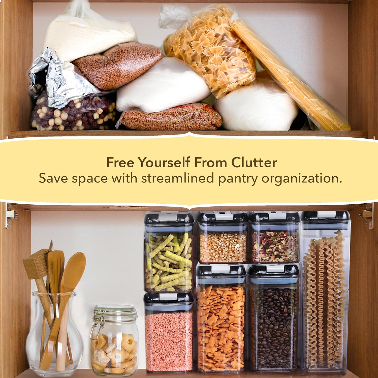 Simply Gourmet Airtight Food Storage Containers with Lids – 4 Piece Slim Kitchen Pantry Organization Set, 8 Cup Capacity, BPA-Free Clear Plastic, Stackable Containers for Flour, Sugar, Rice, Snacks