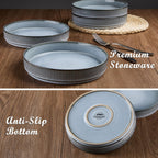 E-far Pasta Bowls Set of 4, 35oz Large Salad Bowl Plate for Dinner Serving Soup, Wide & Shallow Ceramic Stoneware Pasta Plates, Microwave & Dishwasher Safe, Reactive Glaze Textured Stripes, Dusty Blue
