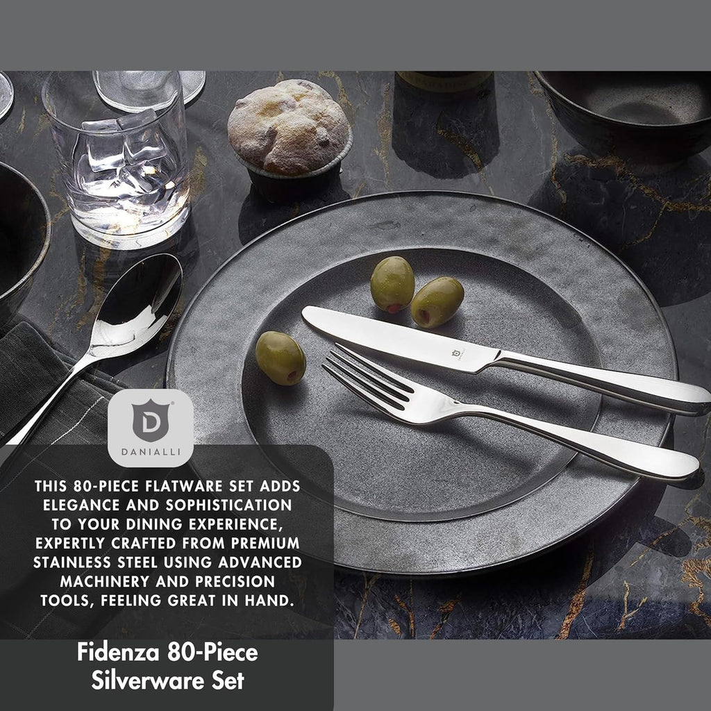 Silverware Set for 16 – 18/10 Stainless Steel Flatware, Mirror Finish, Dishwasher Safe, Durable and Elegant, Rust Resistant, Perfect for Entertaining (80-Piece Set, Fidenza)
