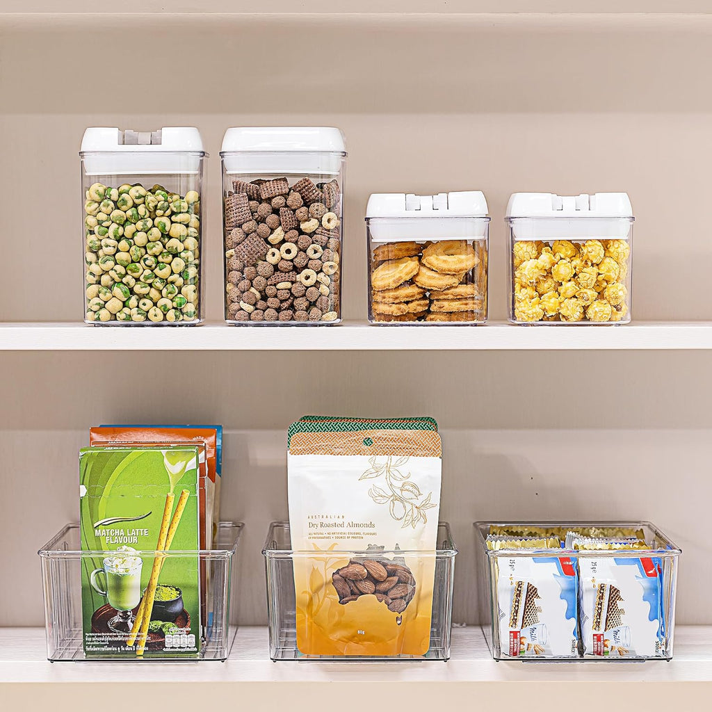 Vtopmart 2 Pack Food Storage Organizer Bins, Clear Plastic Bins for Pantry, Kitchen, Fridge, Cabinet Organization and Storage, 4 Compartment Holder Packets, Snacks, Pouches, Spice Packets