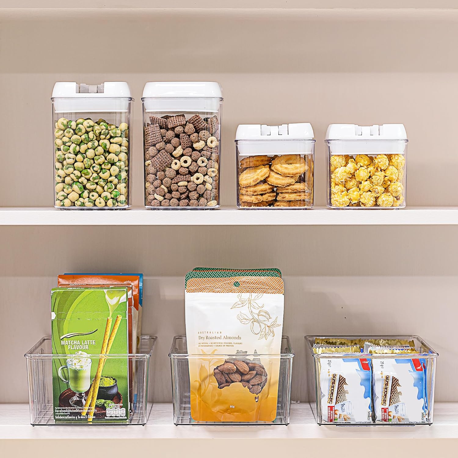 Vtopmart 2 Pack Food Storage Organizer Bins, Clear Plastic Bins for Pantry, Kitchen, Fridge, Cabinet Organization and Storage, 4 Compartment Holder Packets, Snacks, Pouches, Spice Packets