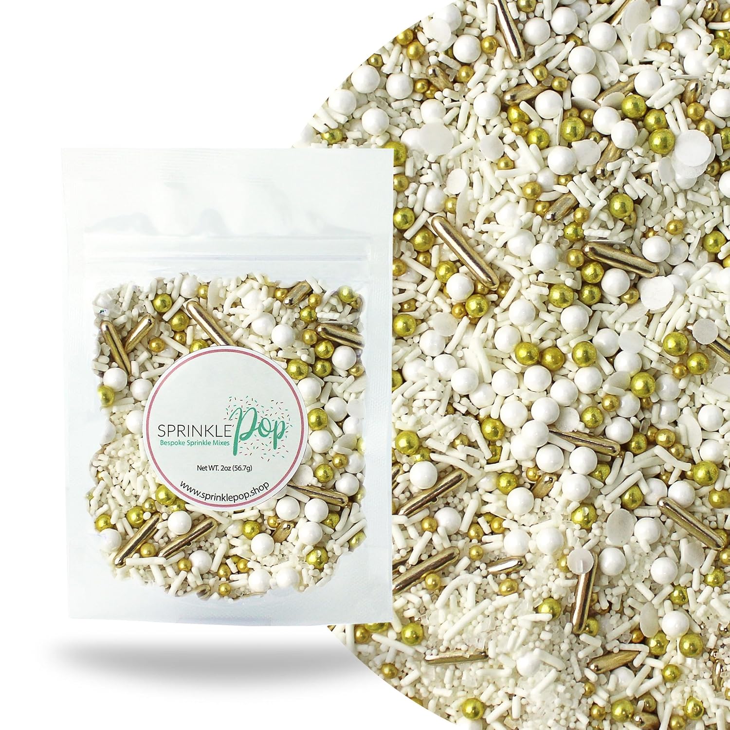 Wedding White Sprinkle Mix| Made In USA By Sprinkle Pop| Pastel White Sprinkles With Gold Metallics Dragees| Sprinkles For Decorating Bridal Shower Wedding Anniversary Party Cupcakes Cake Cookies, 2oz