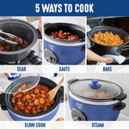 GreenLife 6QT Slow Cooker, Non-Toxic PFAS-Free Ceramic Nonstick Removable Interior Bowl, Programmable, Family Friendly, Keep Warm, Stovetop & Oven Safe, Dishwasher Safe Parts, Timer, Glass Lid, Blue