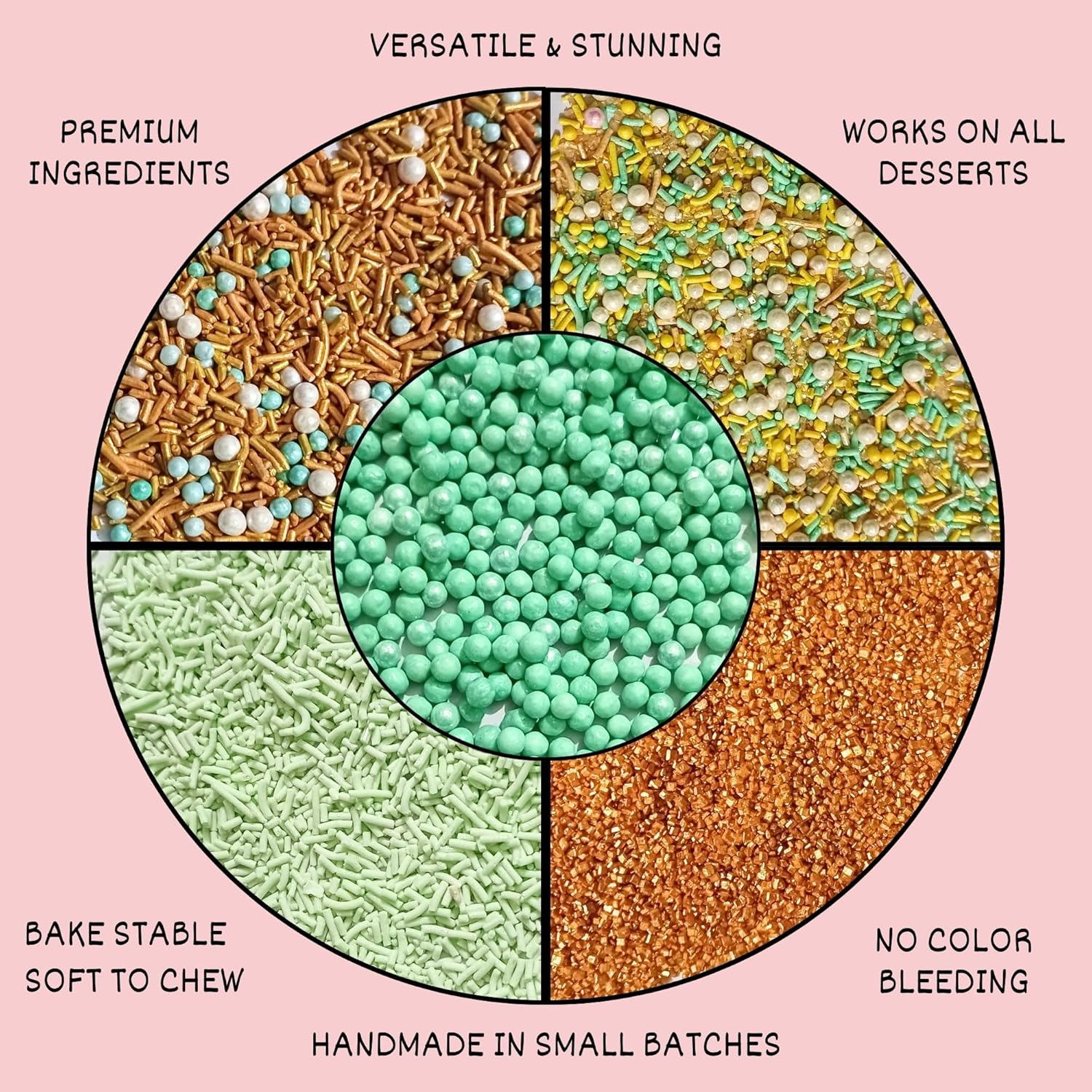 Confect Edible Sprinkles Mix Pack of 5 – Cool Summer Breeze Theme – Yellow Pearl Dragees, Mint Green & Gold Jimmies, Sparkling Gold Sugar – Cake & Cupcake Decorating Toppings - Vegan, Gluten-Free, Nut-Free, Soy-Free, Dairy-Free, Palm Oil-Free- 5 Oz