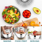 E-far Mixing Bowls with Lids Set, 7-Piece Stainless Steel Mixing Bowls with 3 Grater Attachments, Size 4.6, 3.5, 2.6, 2, 1.5, 1, 0.7QT, Metal Nesting Bowls & Blue Airtight Lids, For Baking/Cooking