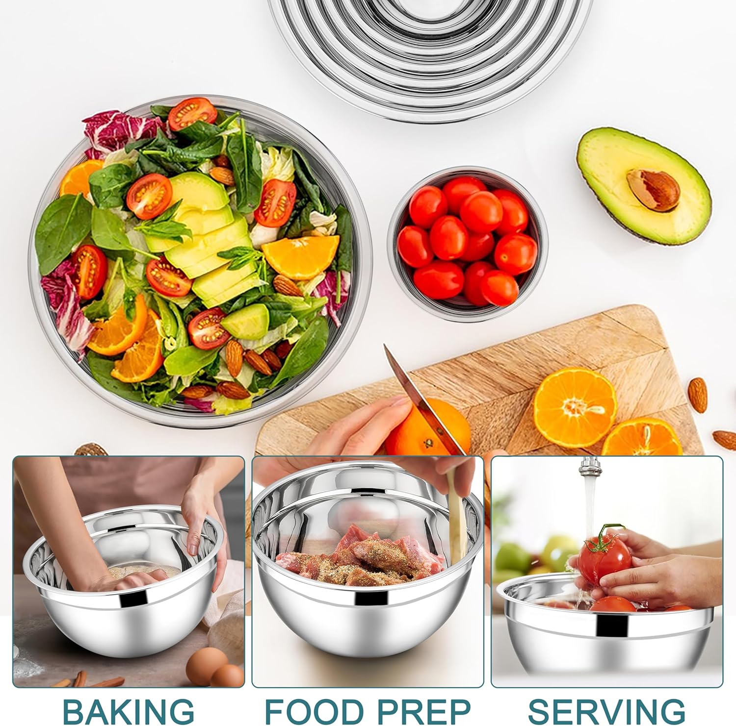 E-far Mixing Bowls with Lids Set, 7-Piece Stainless Steel Mixing Bowls with 3 Grater Attachments, Size 4.6, 3.5, 2.6, 2, 1.5, 1, 0.7QT, Metal Nesting Bowls & Blue Airtight Lids, For Baking/Cooking