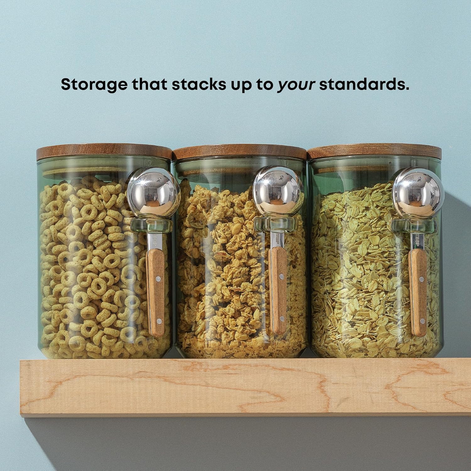 JoyJolt Holden 32oz Stackable Glass Storage Containers with Lids and Scoops, Airtight Food Canister Set of 3 w/Acacia Wood Lids, Round Stacking Pantry and Kitchen Containers w/Scoop | Sage Green