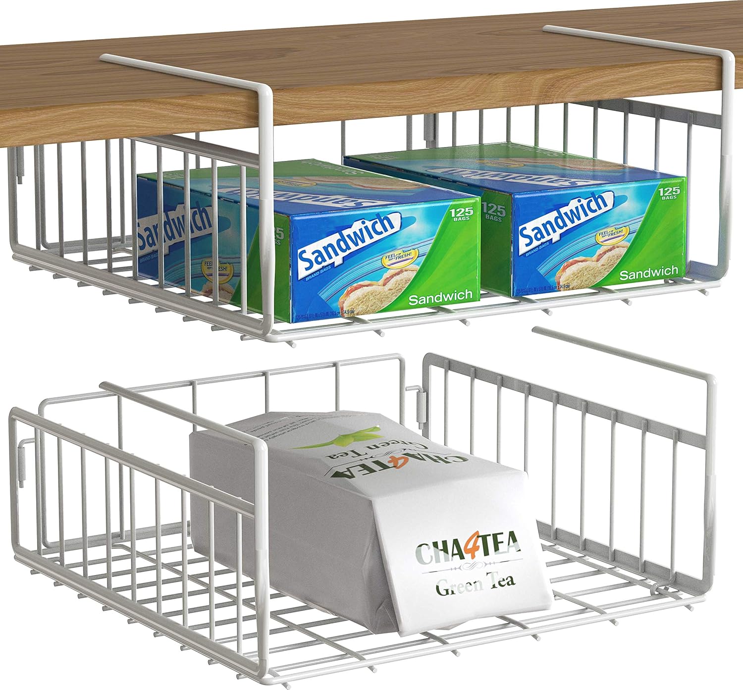 Simple Houseware Under Shelf Basket, White – 2-Pack Space-Saving Storage Organizer for Kitchen, Pantry, Closet, Office – Wire Metal Shelf Organizer, No Tools Required