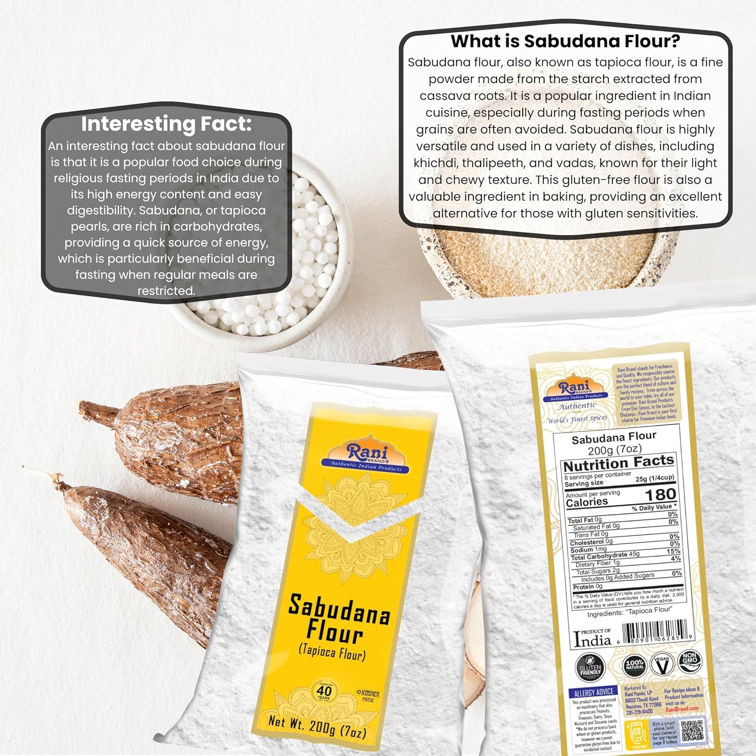 Rani Sabudana Flour (Tapioca/Sago Flour) 7oz (200g) ~ All Natural | Vegan | Gluten Friendly | NON-GMO | Kosher | Indian Origin
