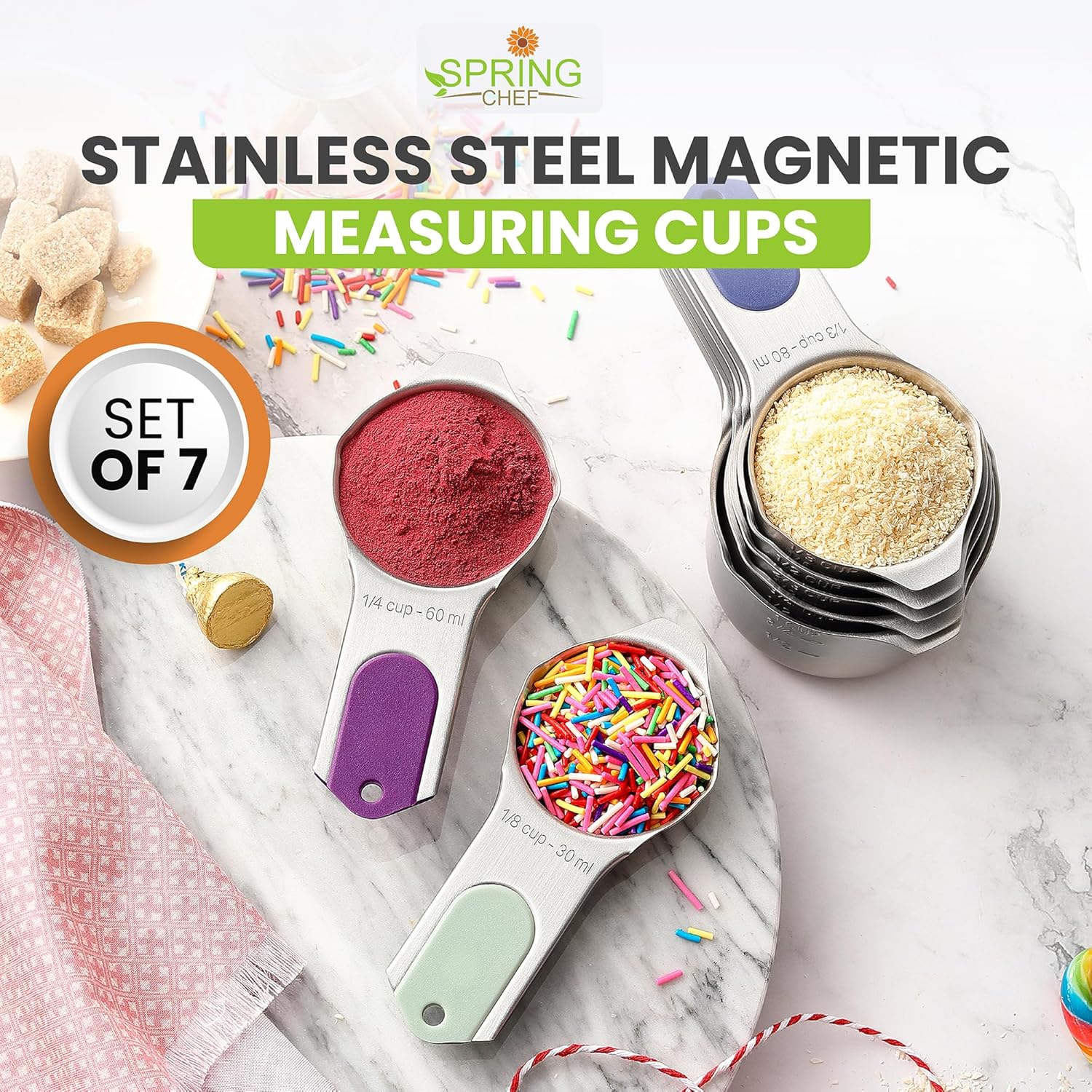 Spring Chef Magnetic Stainless Steel Measuring Cups, Patented, Kitchen Tools with Easy to Read Markings for Measuring Dry or Liquid Ingredients, Set of 7, Winter Frost