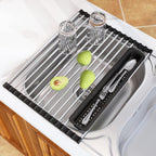 JASIWAY Roll Up Dish Drying Rack, Expandable (12.8"-23.8" D x 12.8" W) Stainless Steel Portable Over The Sink Dish Drainer for Kitchen Sink Counter, Foldable Sink Cover with Removable Utensil Holder