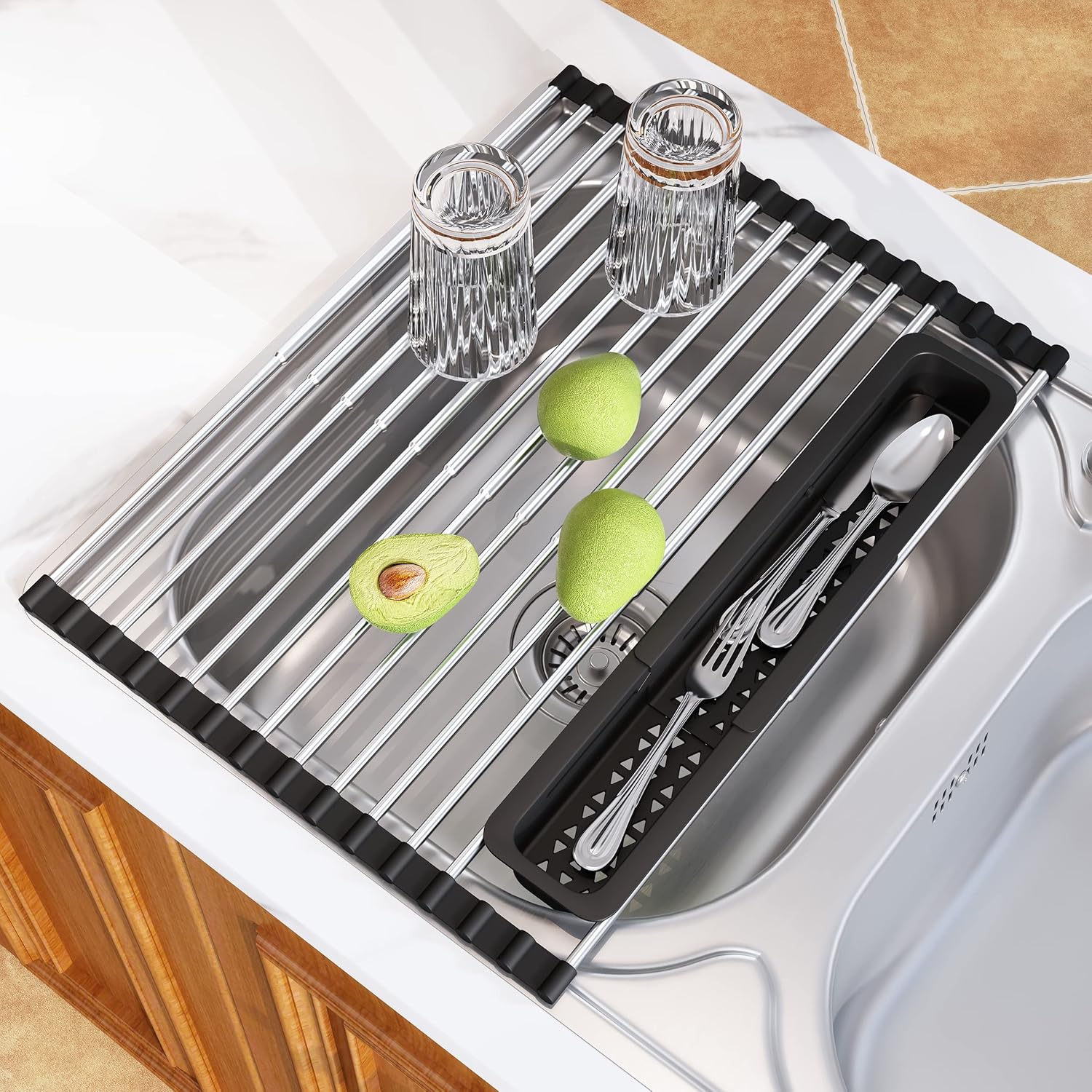 JASIWAY Roll Up Dish Drying Rack, Expandable (12.8"-23.8" D x 12.8" W) Stainless Steel Portable Over The Sink Dish Drainer for Kitchen Sink Counter, Foldable Sink Cover with Removable Utensil Holder