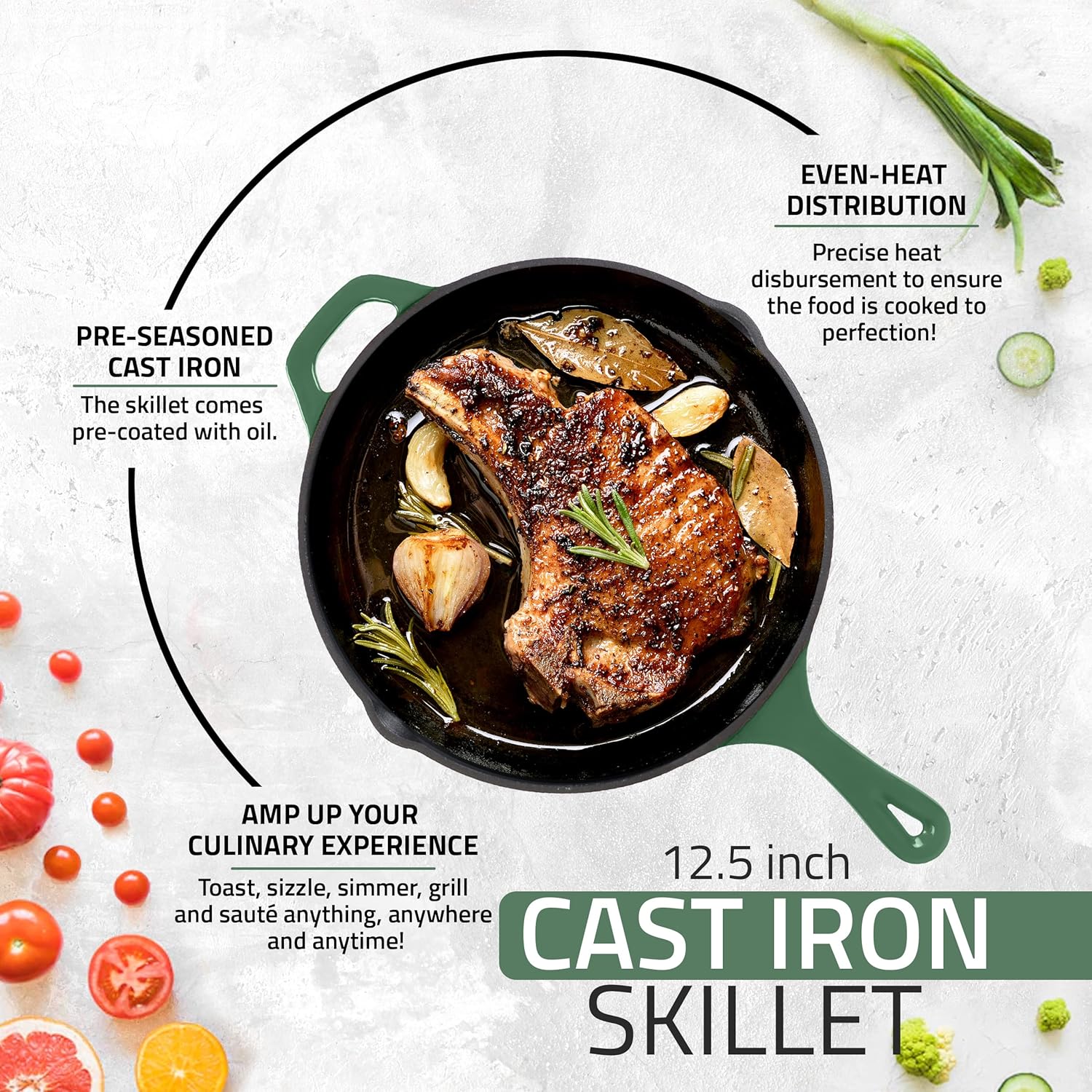 Utopia Kitchen Cast Iron Frying Pan 12.5 Inch, Cast Iron Chefs Pan, Pre Seasoned Skillet, Safe Grill Cookware for Indoor & Outdoor Use, Green