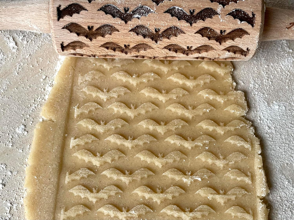 HALLOWEEN 3 Mini Embossed Rolling Pin Set. Wooden Laser Engraved Textured rolling pins for Cookies, Modeline, Ceramic with Skulls, Bats, Halloween by Algis Crafts