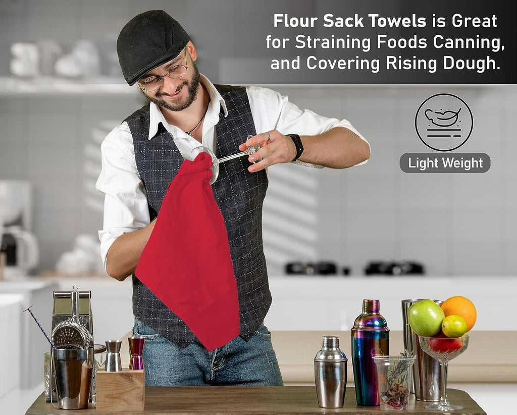 RUVANTI Flour Sack Towels 12 Pack 28 x 28 Inches, Ring Spun 100% Cotton Dish Towel, Machine Washable, Absorbent - Flour Sack Kitchen Towels for Drying and Cleaning - Red