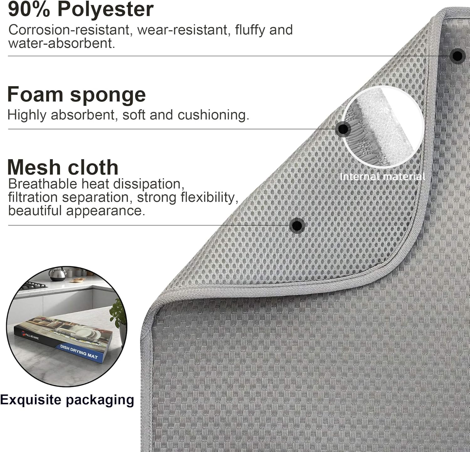 Light Gray Dish Drying Mats 17” x 24” – XXL Kitchen Drying Mat for Counter, Super Absorbent Microfiber Dish Rack Mat, Foldable Drying Pad for Dishes, Pots, Pans – Dish Drainer Mat