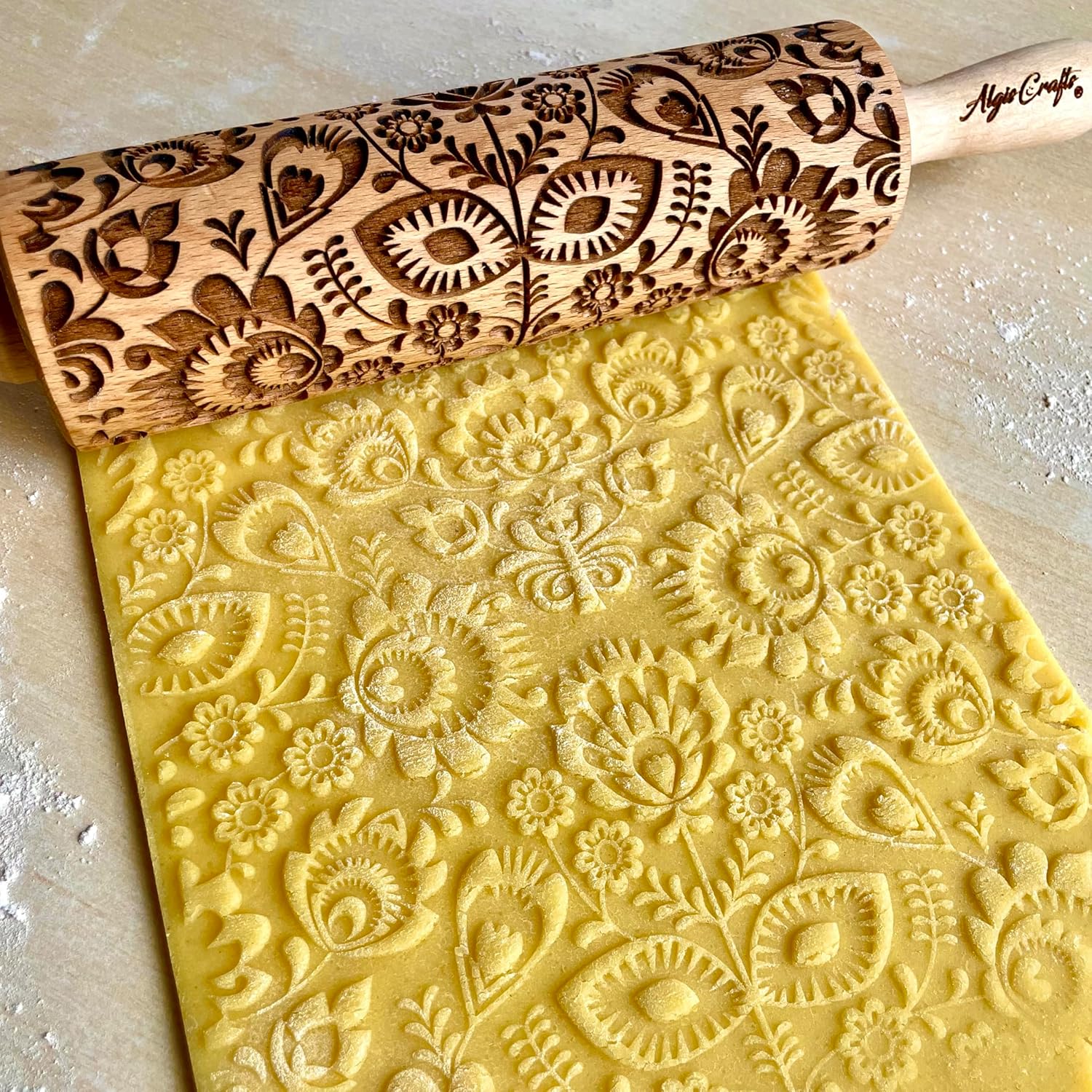 FOLK Embossed Rolling Pin. Wooden Embossing Rolling Pin With Folksy Flowers for Pottery and Cookies by Algis Crafts