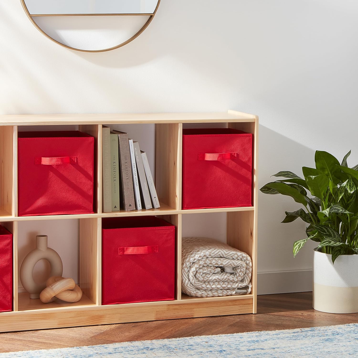 Amazon Basics Cube Organizer Storage Bins Handles, Collapsible Fabric, Pack of 6, 10.5"x10.5"x11", Red