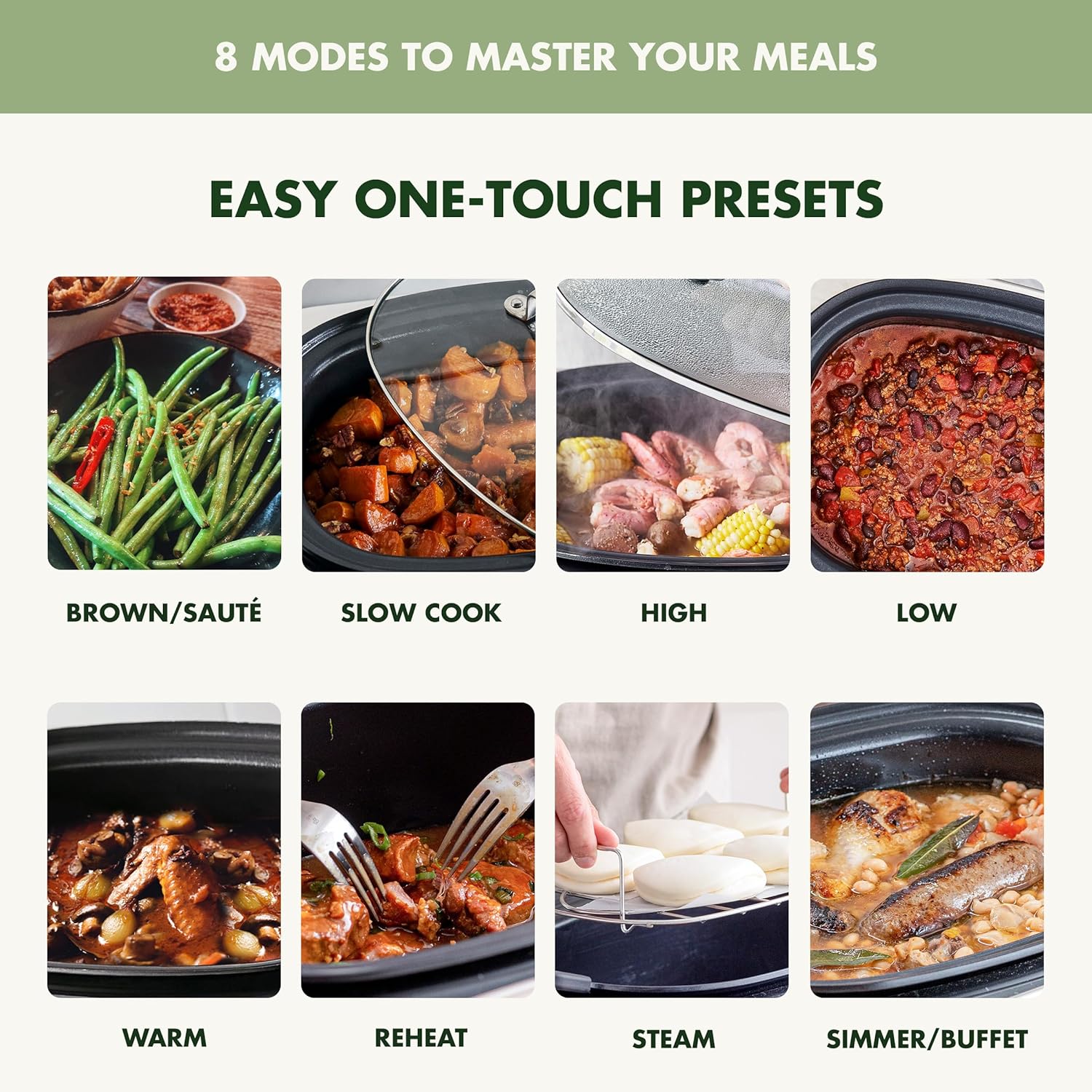GreenPan Elite 8-in-1 Programmable 6QT Electric Slow Cooker, Dishwasher Safe Lid & Removable Crock, PFAS-Free Healthy Ceramic Nonstick Multi-Cooker, Sear, Sauté, Brown, Steam Basket, Roast, Sage Green
