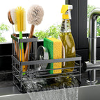 Cisily Sink Caddy Sponge Holder for Kitchen with Brush Holder and Stainless Steel Self Drain Tray, Rustproof Kitchen Sink Organizer for Sponge, Soap Dispenser Storage Accessories (Black)