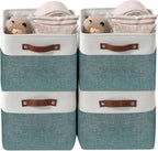 DECOMOMO Storage Baskets for Shelves - Fabric Storage Bins, Linen Closet Organizers and Storage (Green & White, Large - 4 Pack)