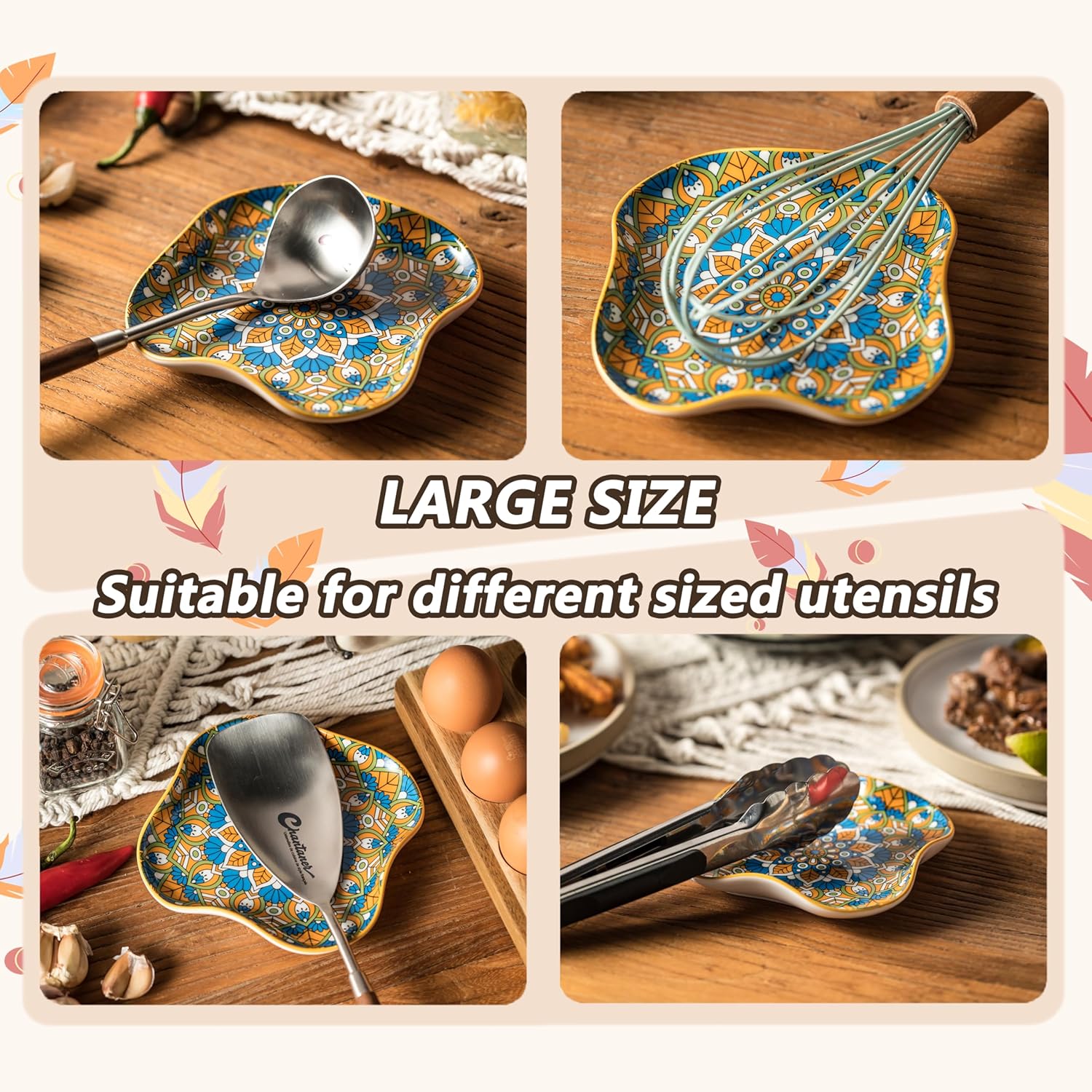 Spoon Rest for Stove Top, Ceramic Spoon Holder for Kitchen Countertop, Coffee Spoon Rest, Large Cooking Spatula Holder for Spoons, Ladles or Tongs, Bohemian Decor, Orange-colored boho Style