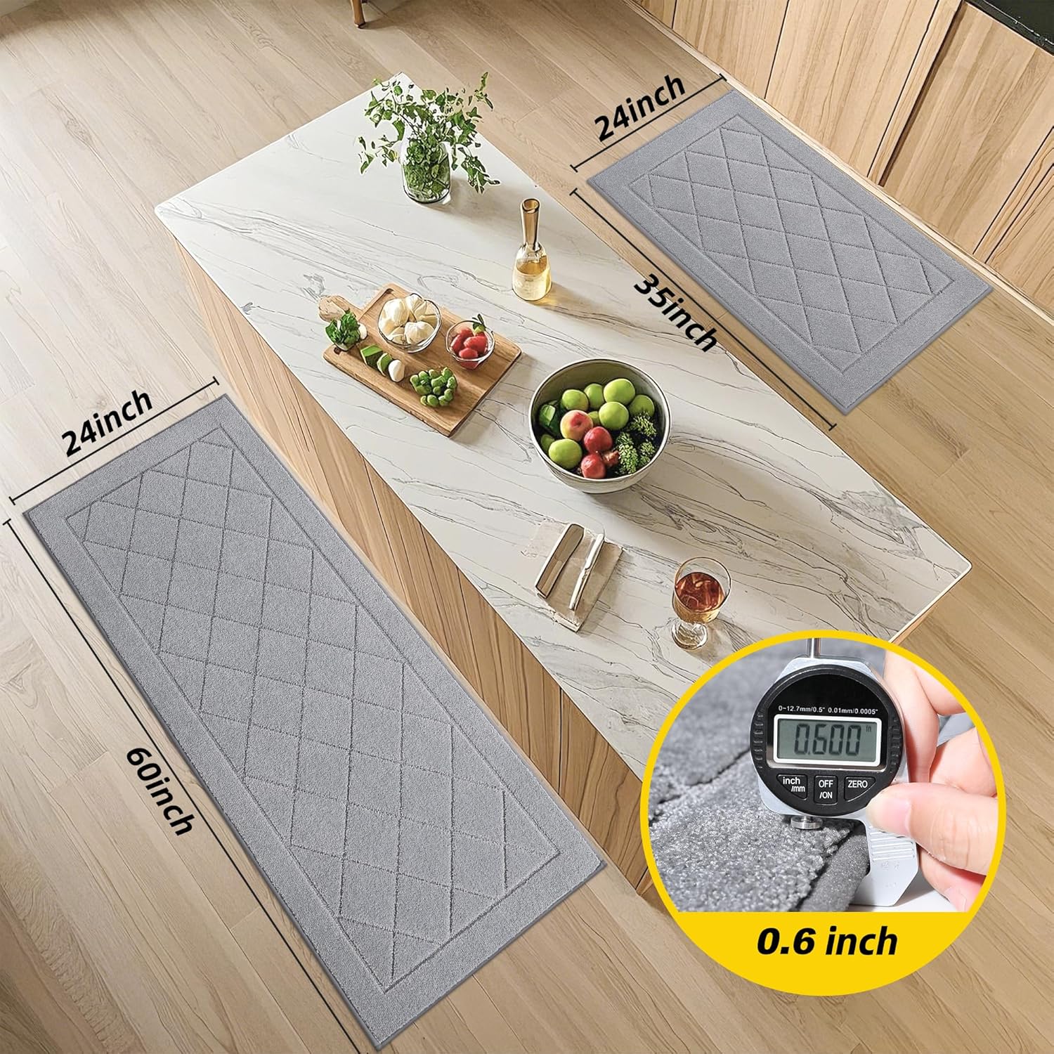 JSEI Non-Slip Kitchen Rugs, Self Adhesive No Sliding Kitchen Mats Set of 2, Soft Washable Absorbent Floor Mat for Kitchen, Bathroom, Laundry Room, Bedroom, 24”x36”+24”x60”, Light Grey, Diamond Pattern