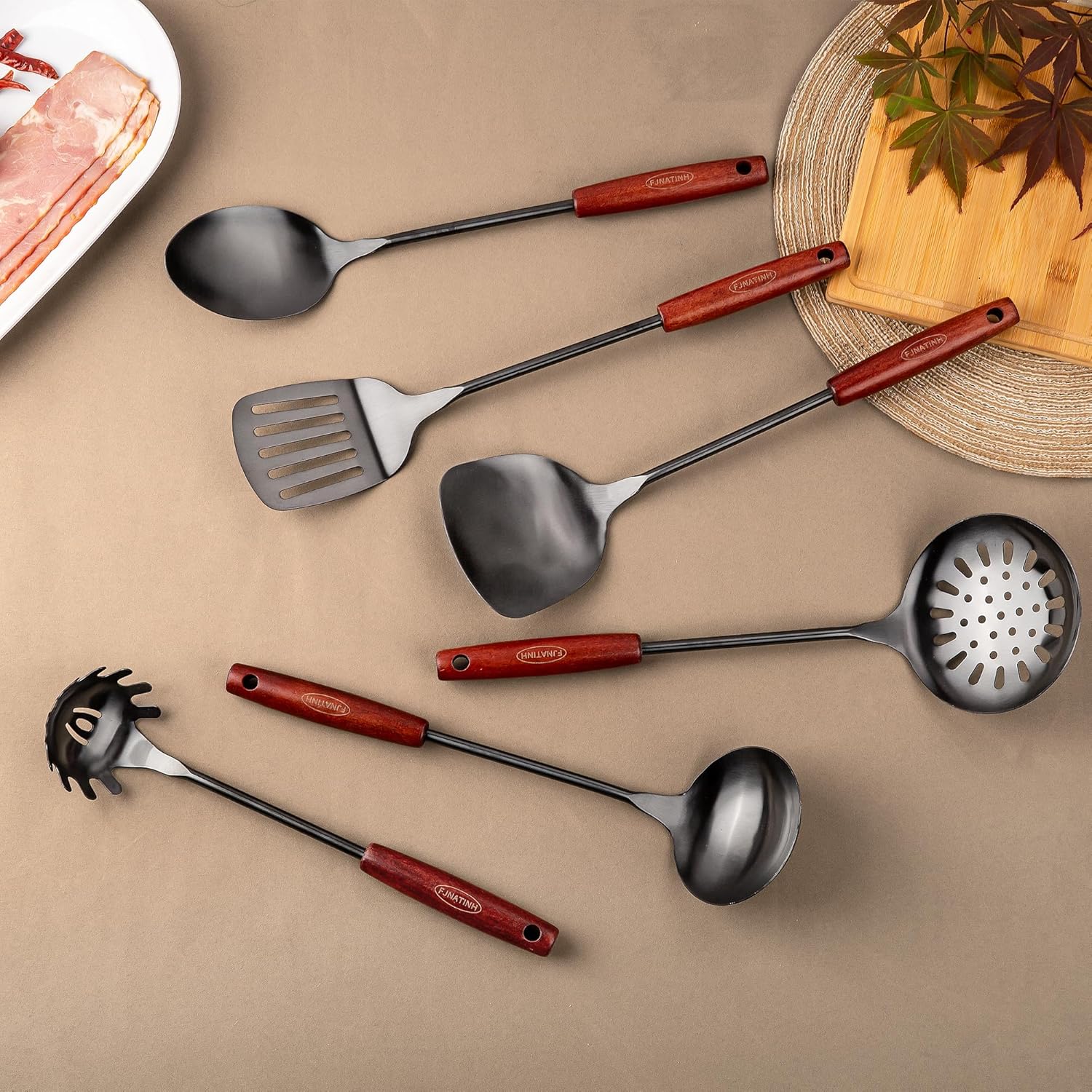 FJNATINH 304 Stainless Steel Kitchen Utensil Sets - 6 PCS Wok Spatula Sets Cooking Utensil Tools Spatula, Soup Ladle, Skimmer Spoon, Slotted Spatula Tunner, Spaghetti Spoon, Large Spoon