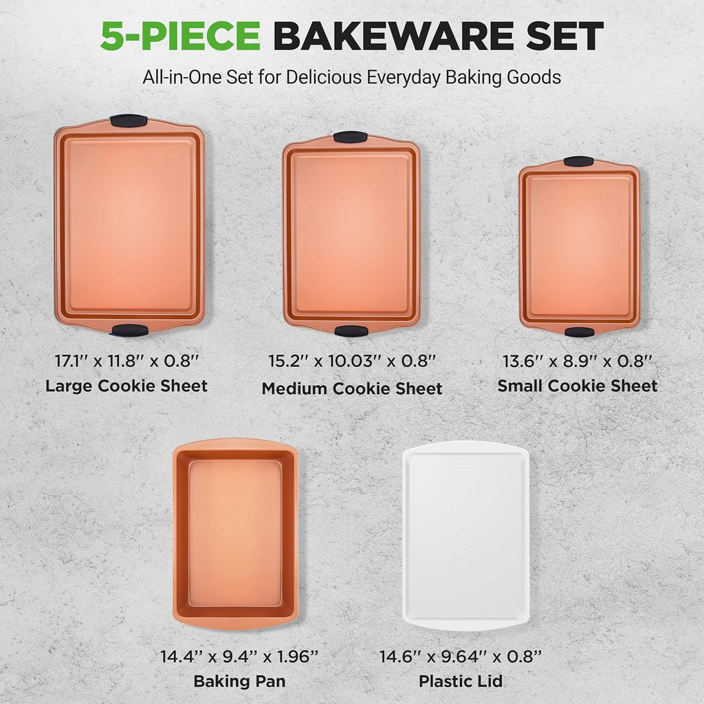 NutriChef 5 Piece Baking Pan Set - PFOA, PFOS, PTFE Free Flexible Nonstick Carbon Steel Bakeware Set - Home Kitchen Bake Pan Cookie Sheet Stackable Baking Tray Set w/Black Silicone Handles NC5PCS