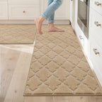 JSEI Kitchen Rugs, Non-Slip Kitchen Mats for Floor, Soft Washable Absorbent Kitchen Mats 2 Pieces, Kitchen Carpet Runner with TPR Backing, Polyester, 24”x36”+24”x60”, Beige